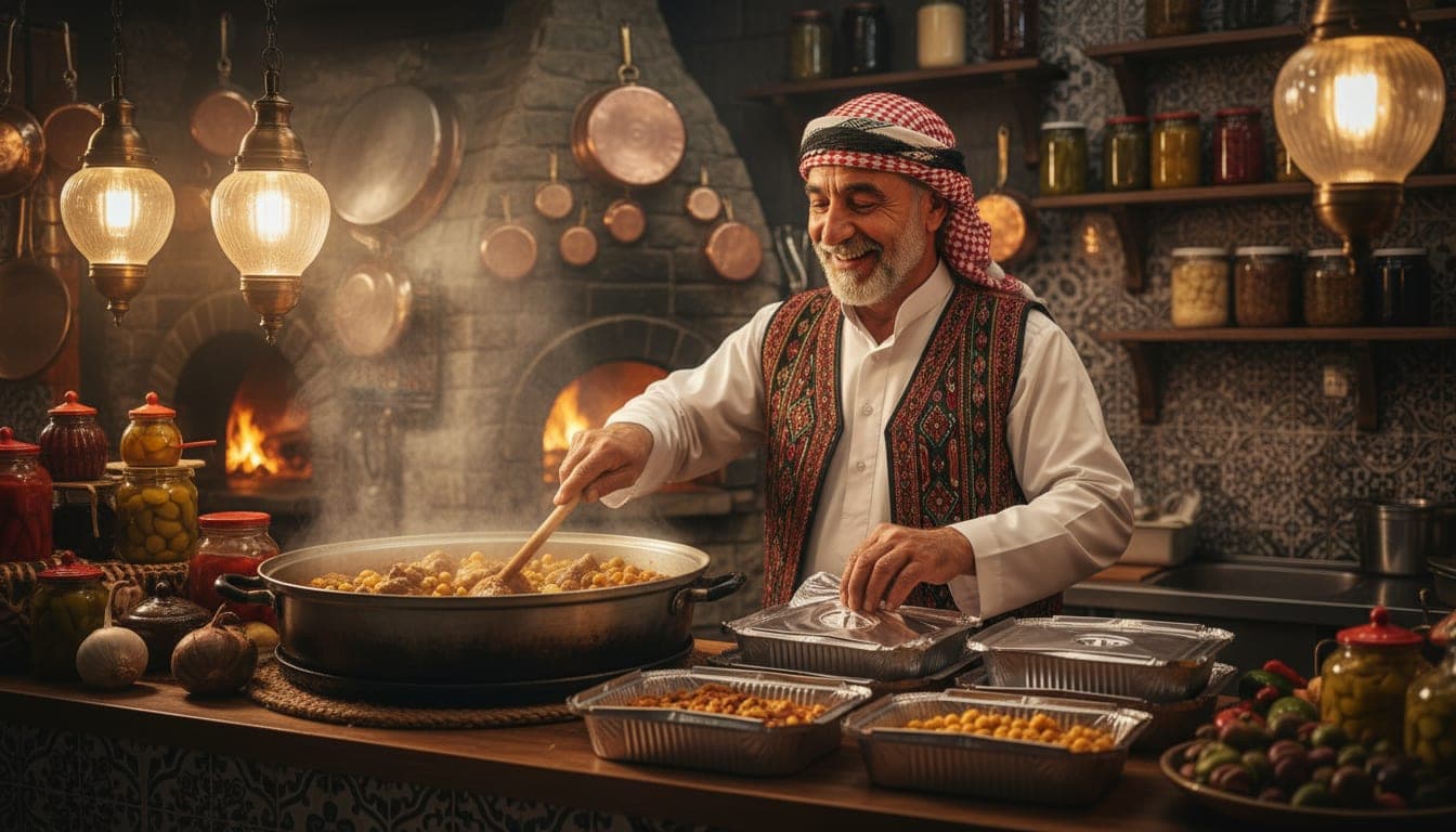 طاهٍ يطبخ في مطبخ سوري تقليدي