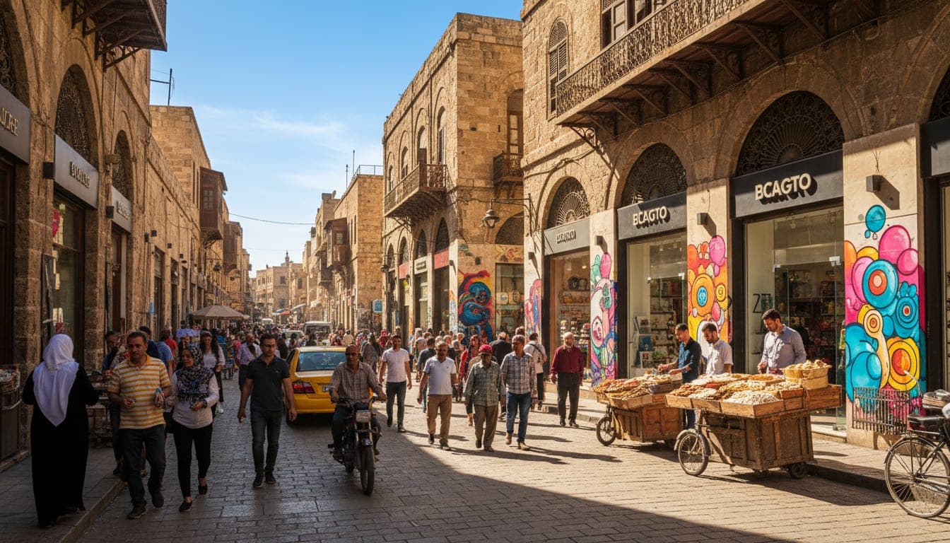 شارع سوق مزدحم في مدينة سورية قديمة
